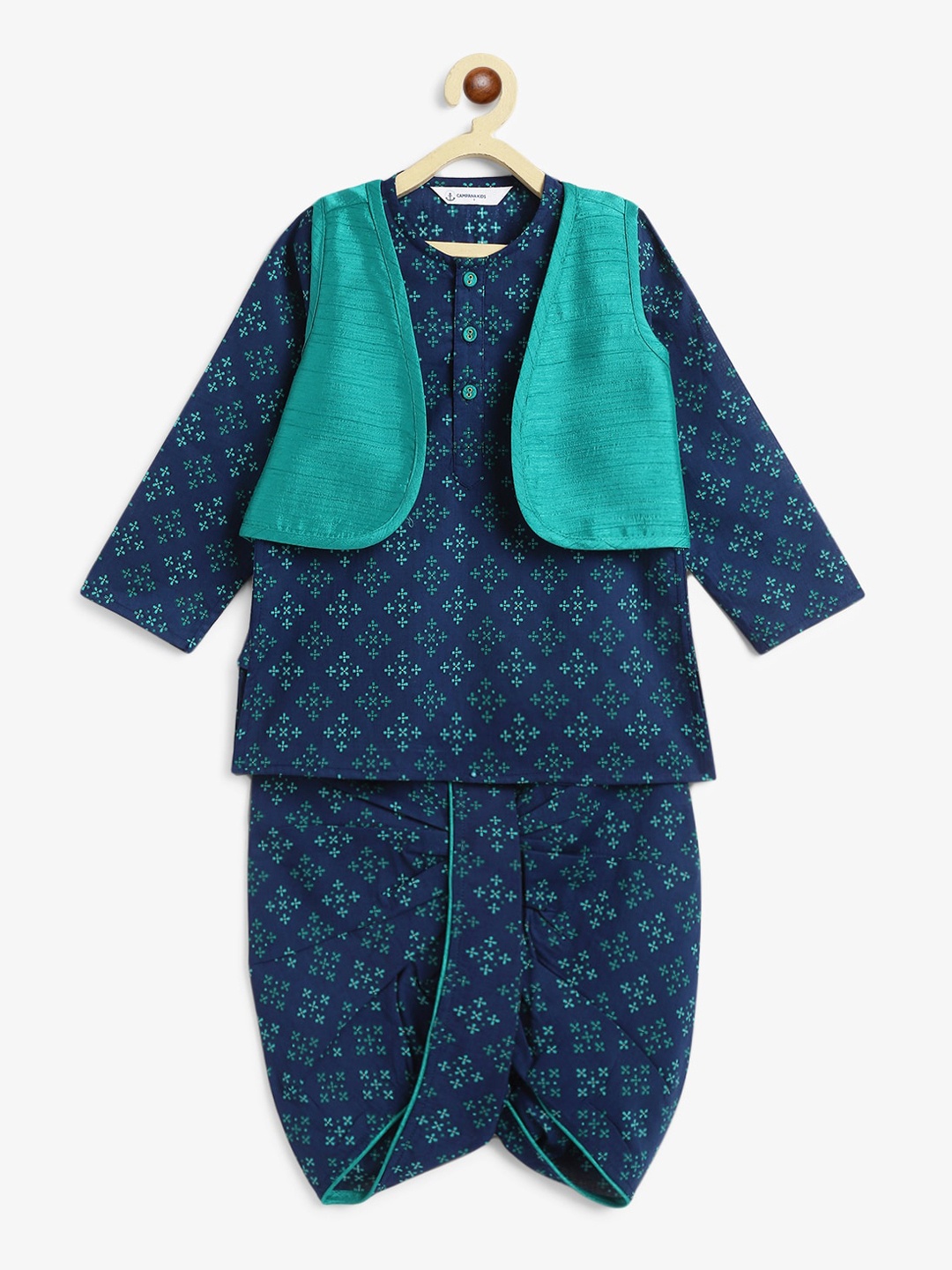 

Campana Boys Ethnic Motifs Printed Pure Cotton Kurta with Dhoti Pants & Jacket, Navy blue