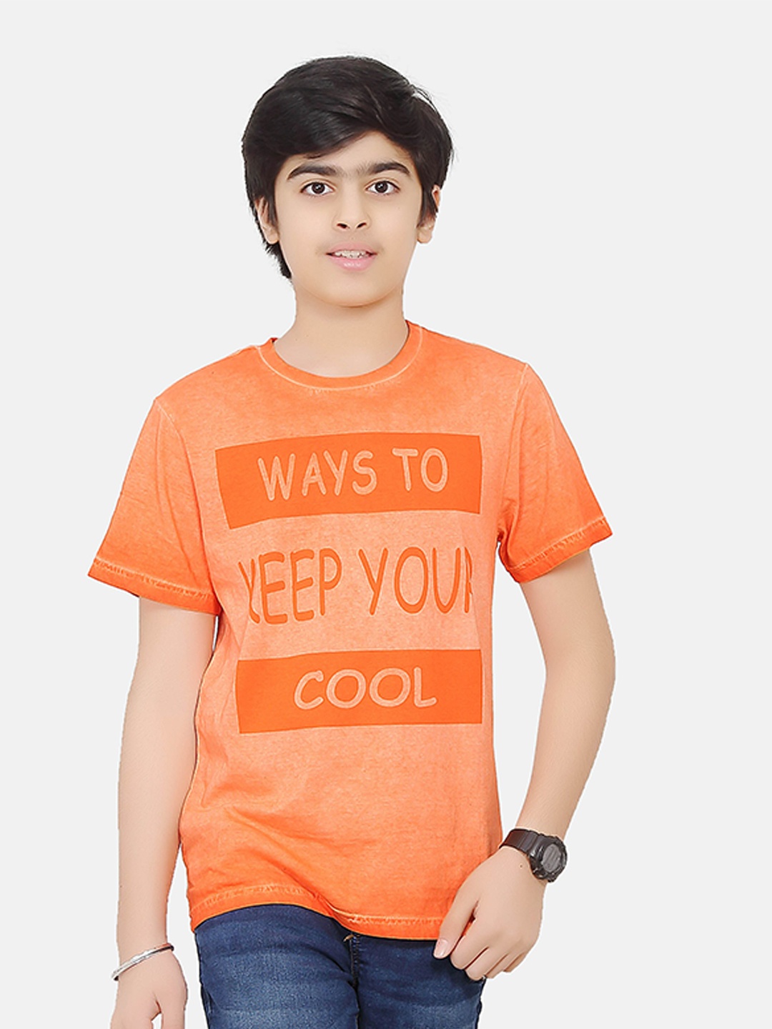 

BAESD Boys Typography Printed Round Neck Short Sleeves Raw Edge Cotton T-shirt, Orange