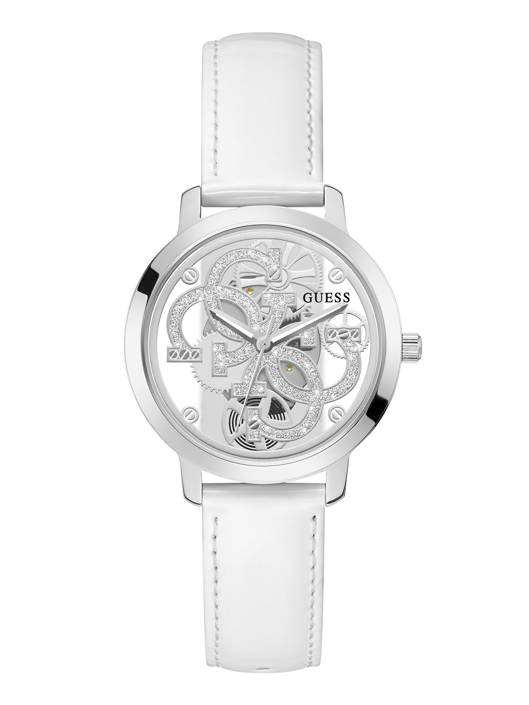 

GUESS Women Skeleton Dial & Leather Straps Trend Quattro Analogue Watch- GW0383L4, Silver