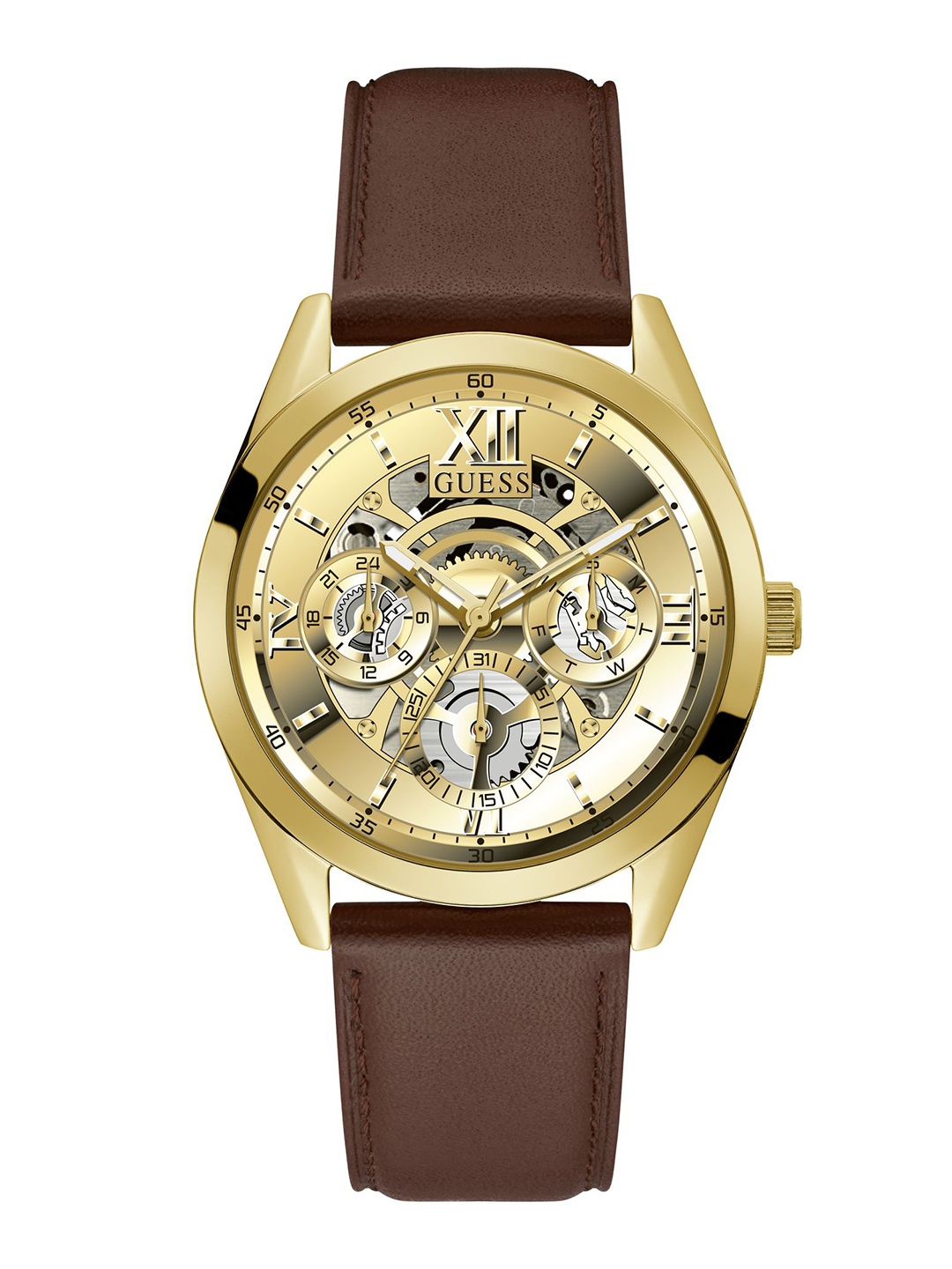

GUESS Men Skeleton Dial & Leather Straps Tailor Analogue Watch GW0389G5, Gold