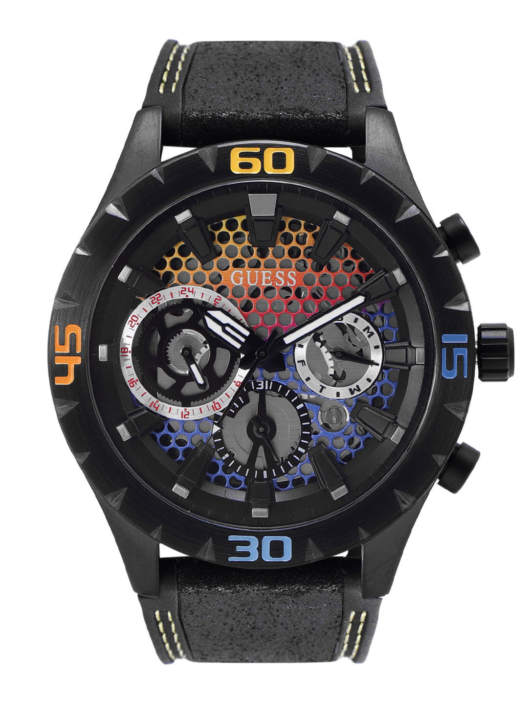 

GUESS Men Skeleton Dial & Leather Straps Analogue Multi Function Watch GW0514G2, Black