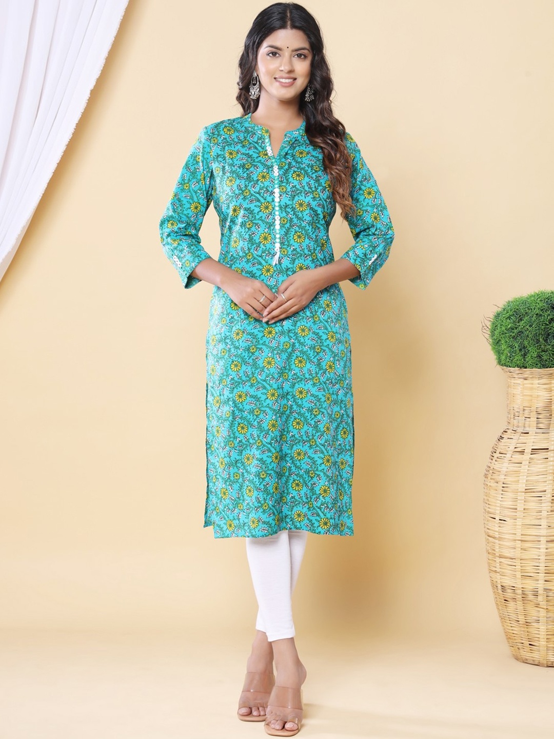 

JAIPURFAME Ethnic Motifs Printed Mandarin Collar Mirror Work Straight Kurta, Blue