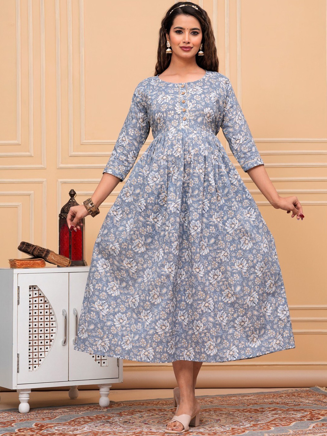

JAIPURFAME Floral Printed Gotta Patti Maternity Cotton Ethnic Dress, Grey