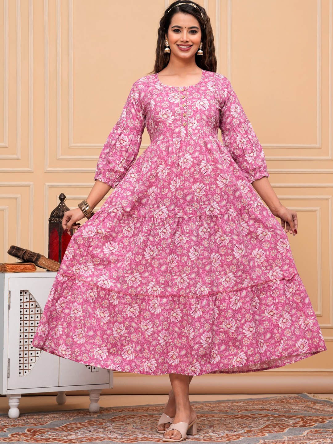 

JAIPURFAME Floral Printed Tie Up Cotton Maternity Nursing Tiered Fit & Flare Ethnic Dress, Pink