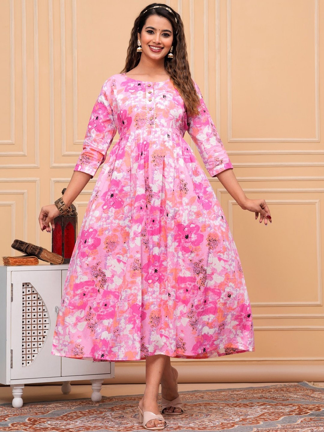 

JAIPURFAME Floral Printed Zari Cotton Round Neck A-Line Maternity Kurta, Pink