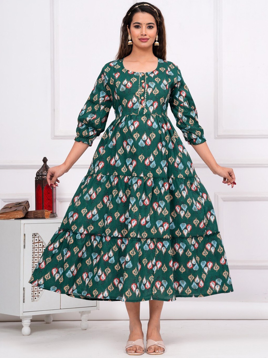 

JAIPURFAME Ethnic Motifs Printed Gotta Patti Maternity Cotton Ethnic Dress, Green