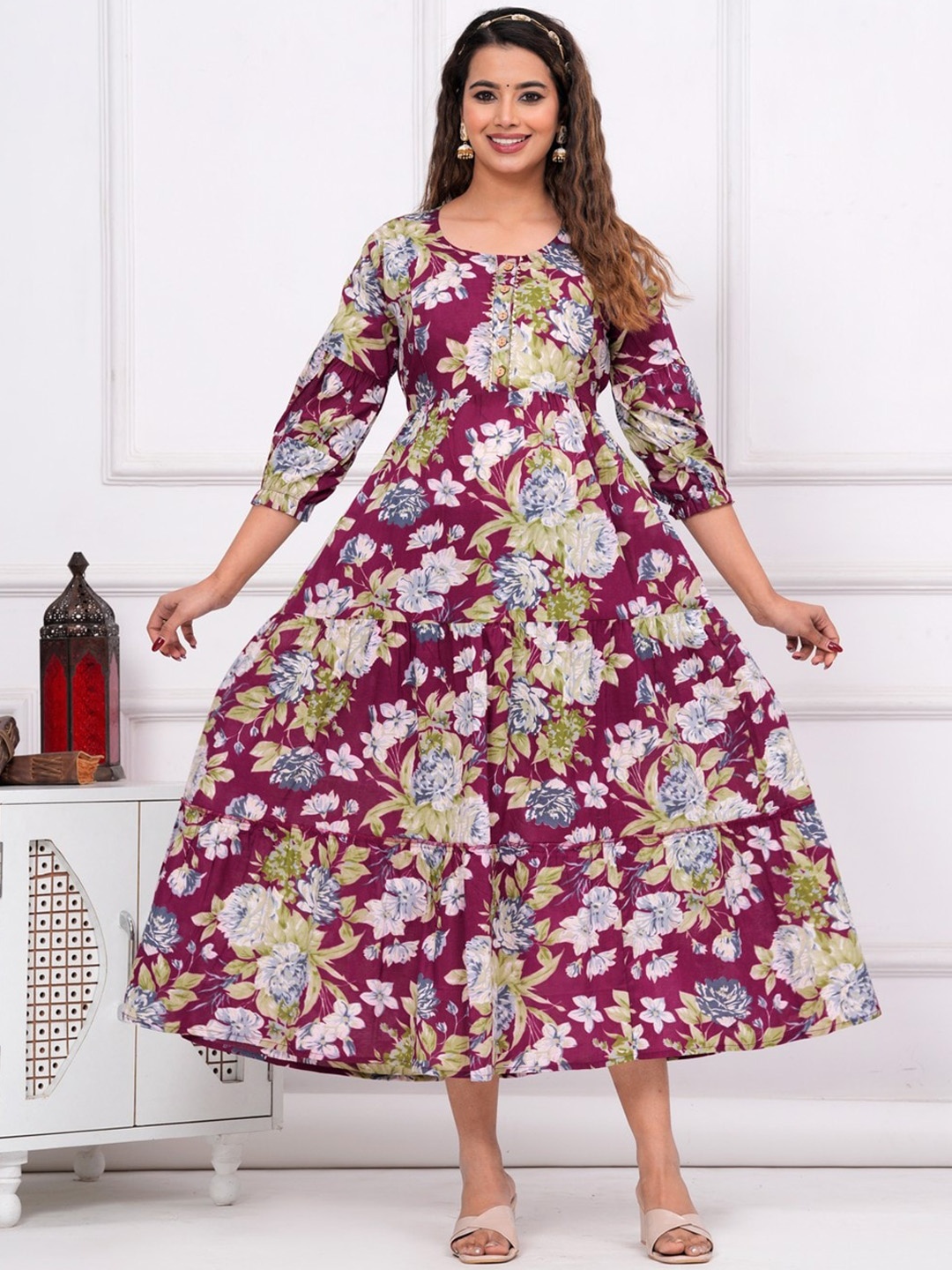 

JAIPURFAME Floral Printed Tie Up Cotton Maternity Nursing Tiered Fit & Flare Ethnic Dress, Purple