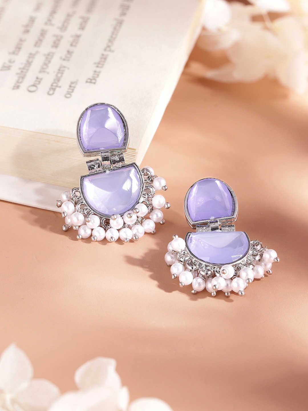 

Rubans Silver Plated OxidisedCrystals-Studded & Beaded Contemporary Drop Earrings