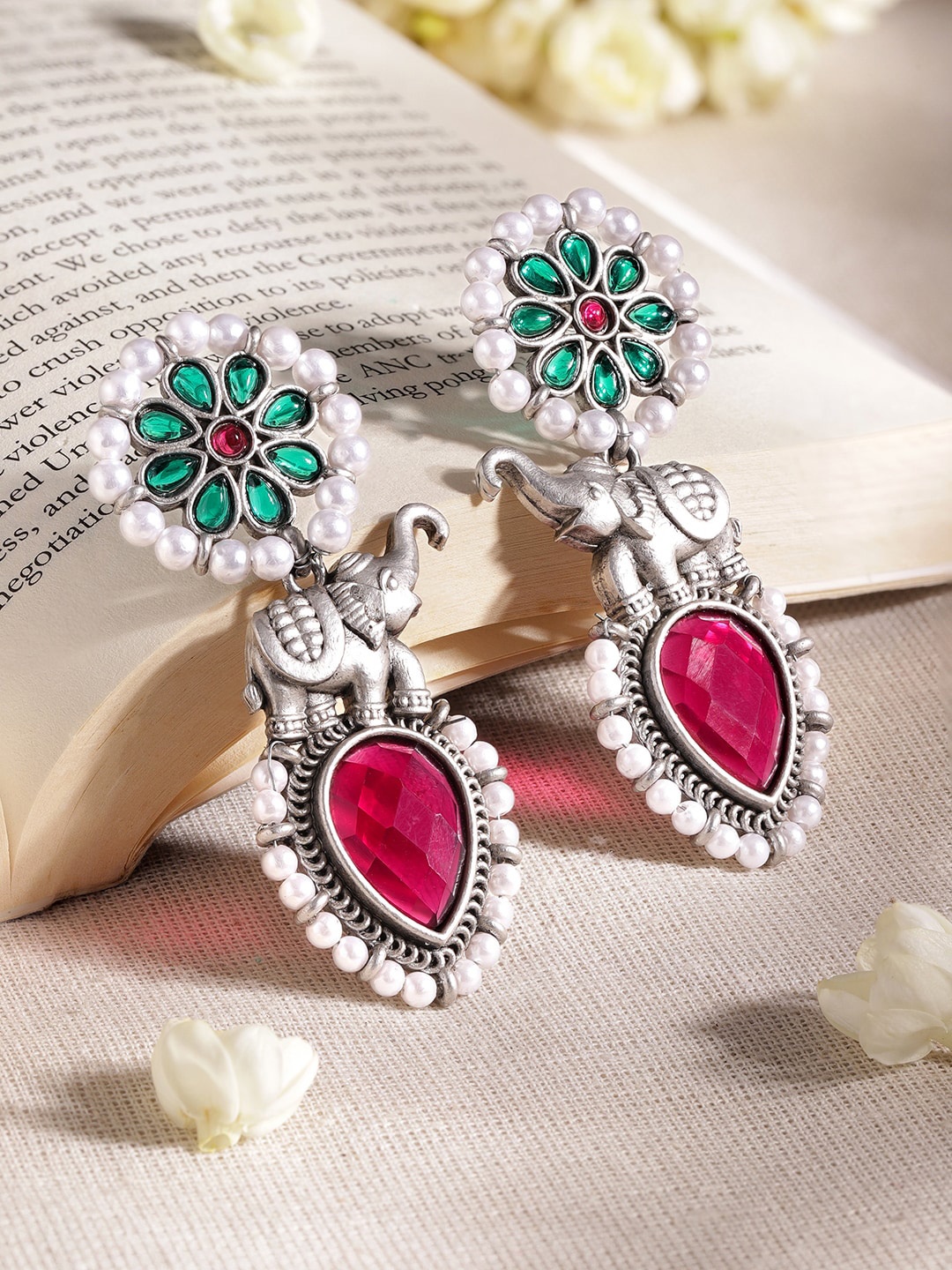 

Rubans Oxidized Kundan-Studded Animal Shaped Drop Earrings, Silver