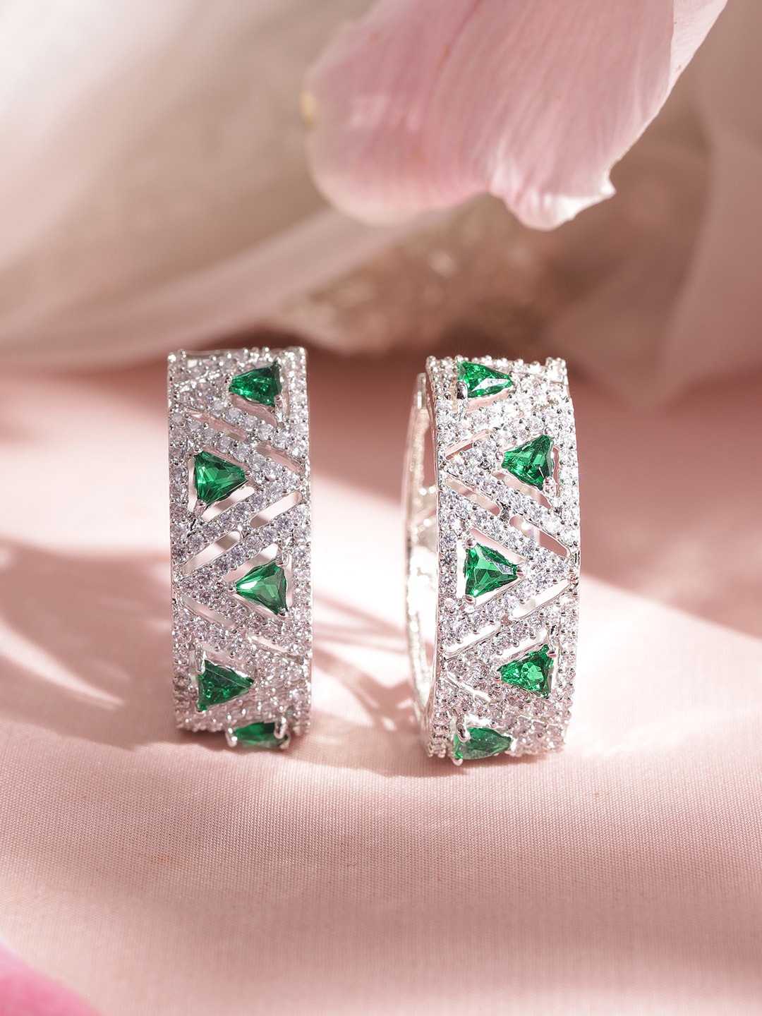 

Rubans Rhodium Plated Trillant Emerald Crystal Zirconia Exquisite Demi-Fine Hoop Earring, Silver