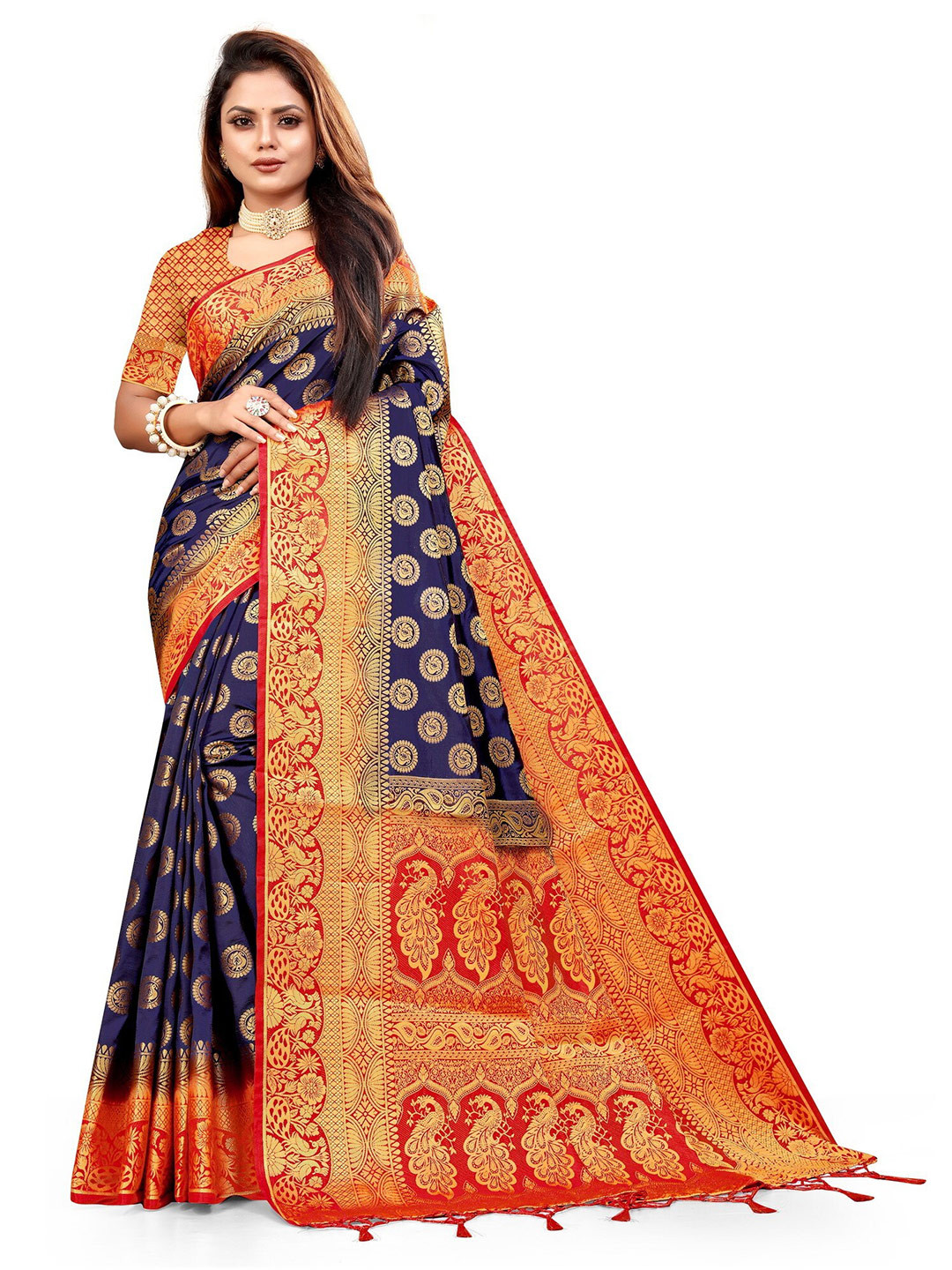 

ANISSA SAREE Ethnic Motifs Woven Design Zari Paithani Saree, Navy blue