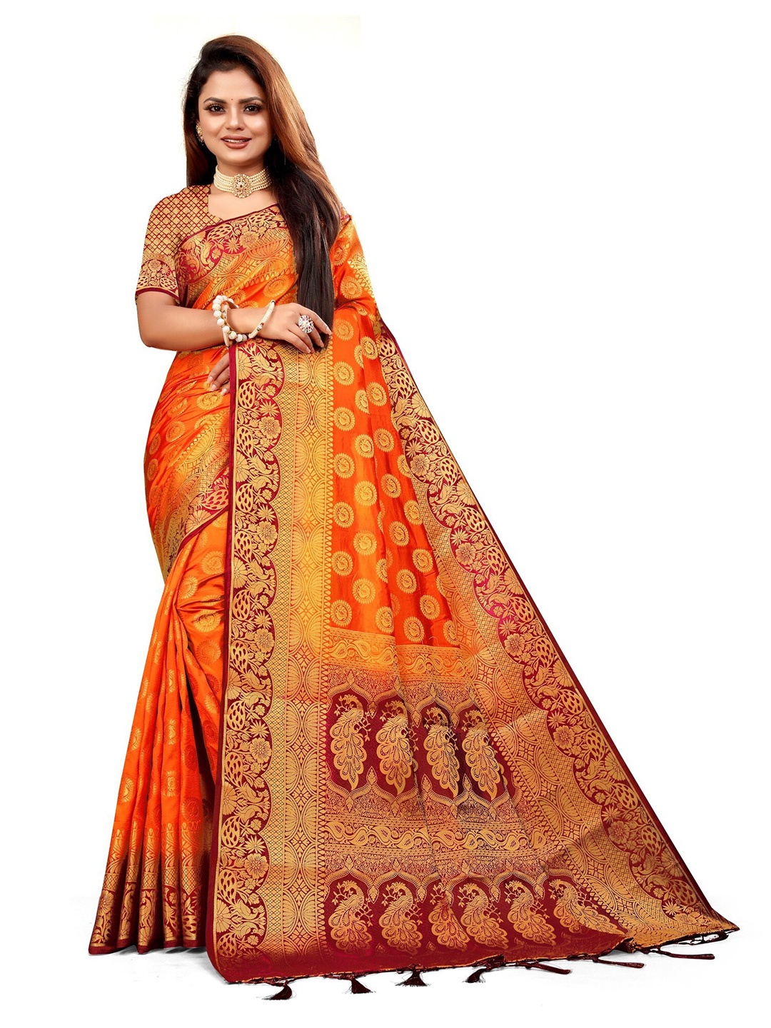 

ANISSA SAREE Ethnic Motifs Woven Design Zari Paithani Saree, Orange