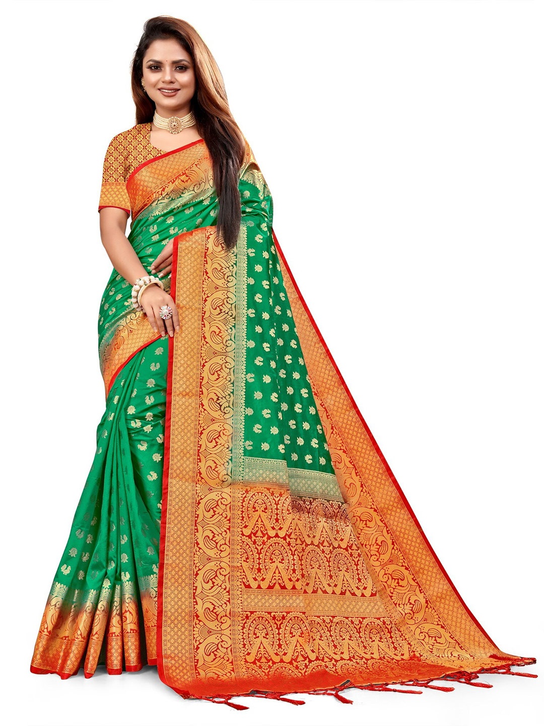 

ANISSA SAREE Ethnic Motifs Woven Design Zari Paithani Saree, Olive