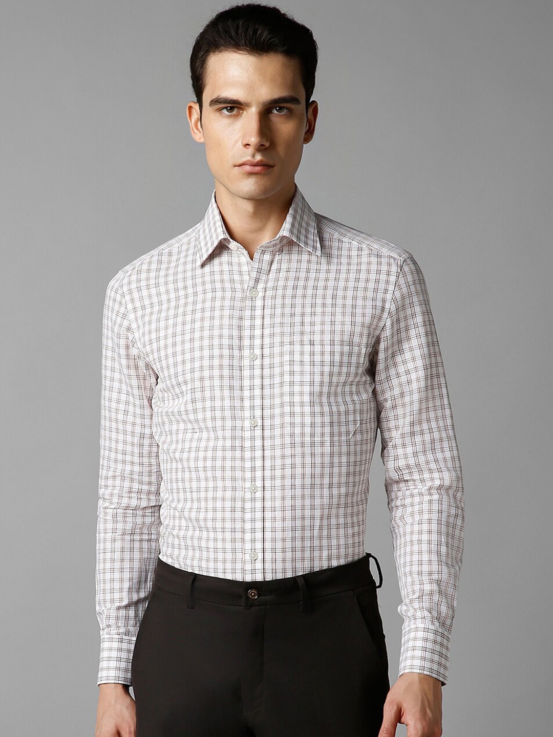 

Louis Philippe Grid Tattersall Checked Spread Collar Pure Linen Formal Shirt, White