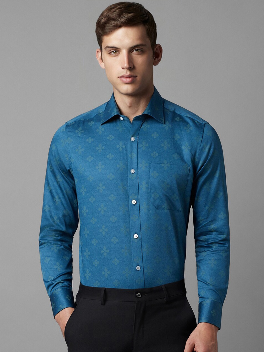 

Louis Philippe Ethnic Motifs Printed Spread Collar Pure Cotton Formal Shirt, Blue