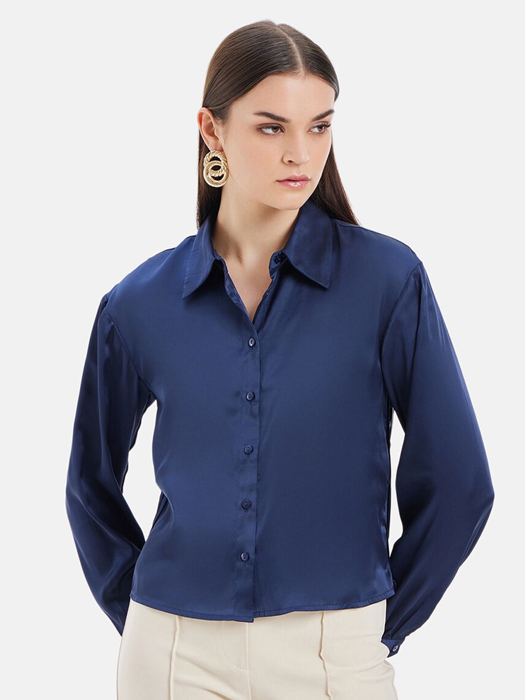 

Kazo Comfort Spread Collar Pleated Full Sleeves Satin Formal Shirt, Blue