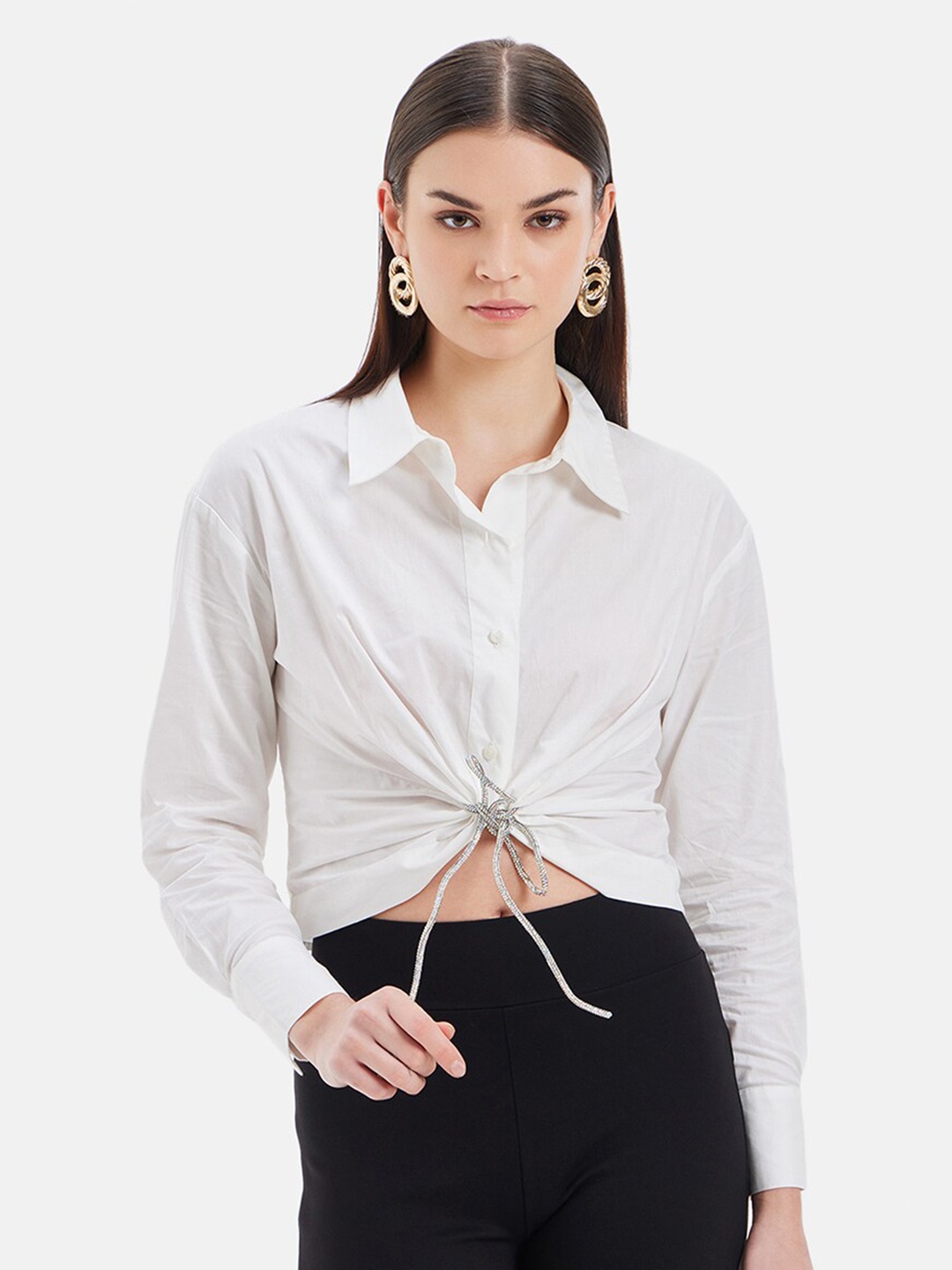 

Kazo Spread Collar Cotton Cropped Party Shirt, White