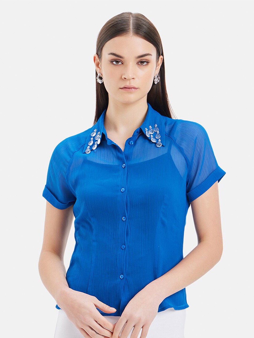 

Kazo Spread Collar Short Sleeves Chiffon Party Shirt, Blue