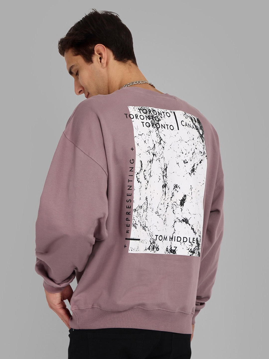 

TOMHIDDLE Graphic Printed Drop Shoulder Sleeves Pure Cotton Oversized Pullover Sweatshirt, Mauve