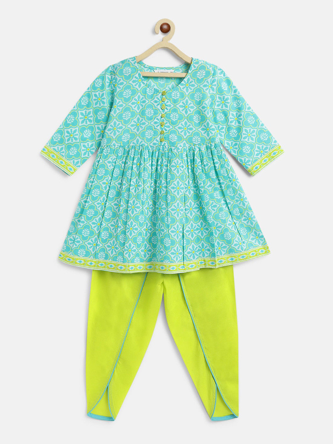 

Campana Girls Ethnic Motifs Printed Pleated Anarkali Pure Cotton Kurti with Dhoti Pants, Turquoise blue