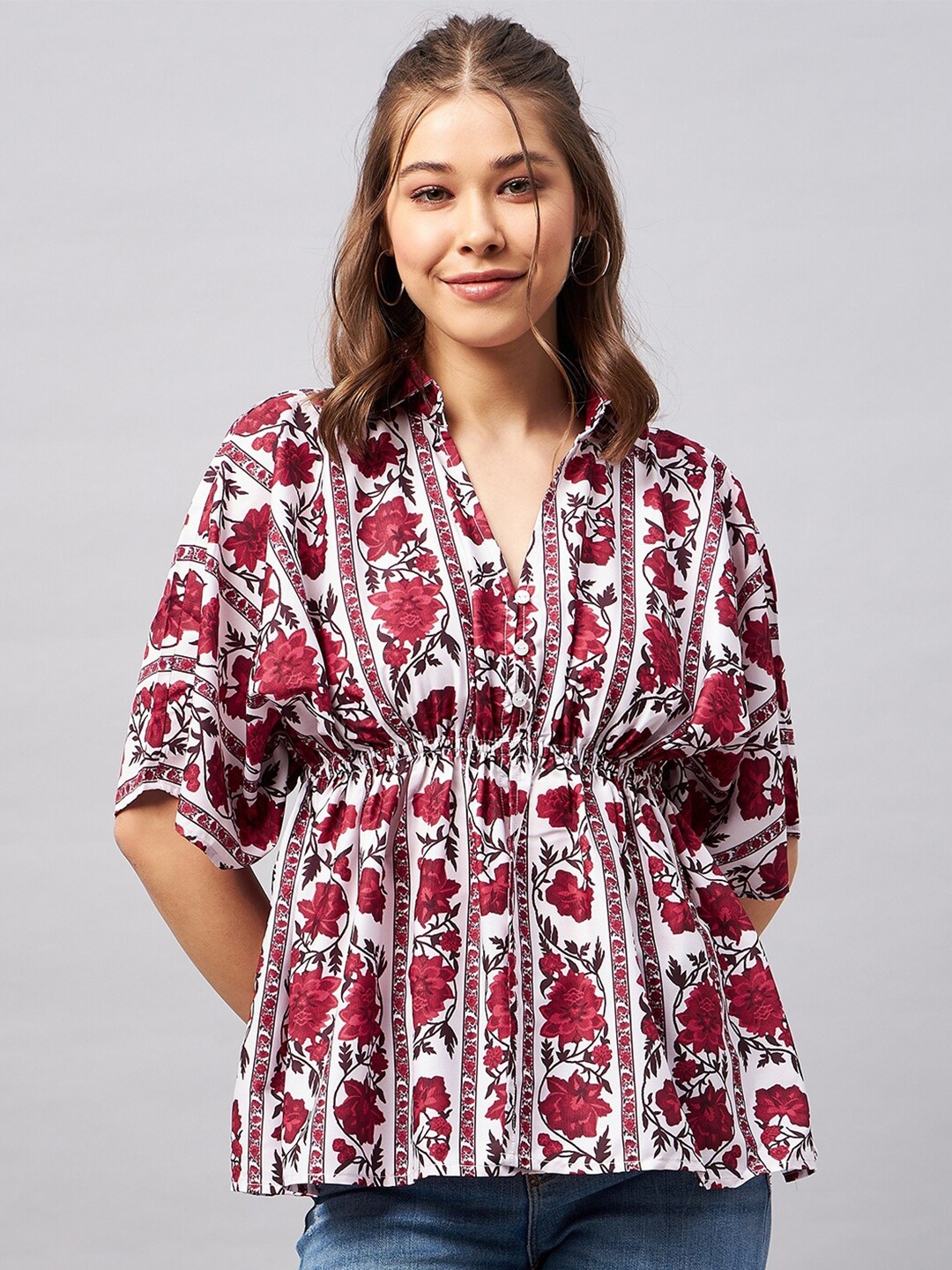 

Orchid Blues Floral Print Extended Sleeve Peplum Top, Red