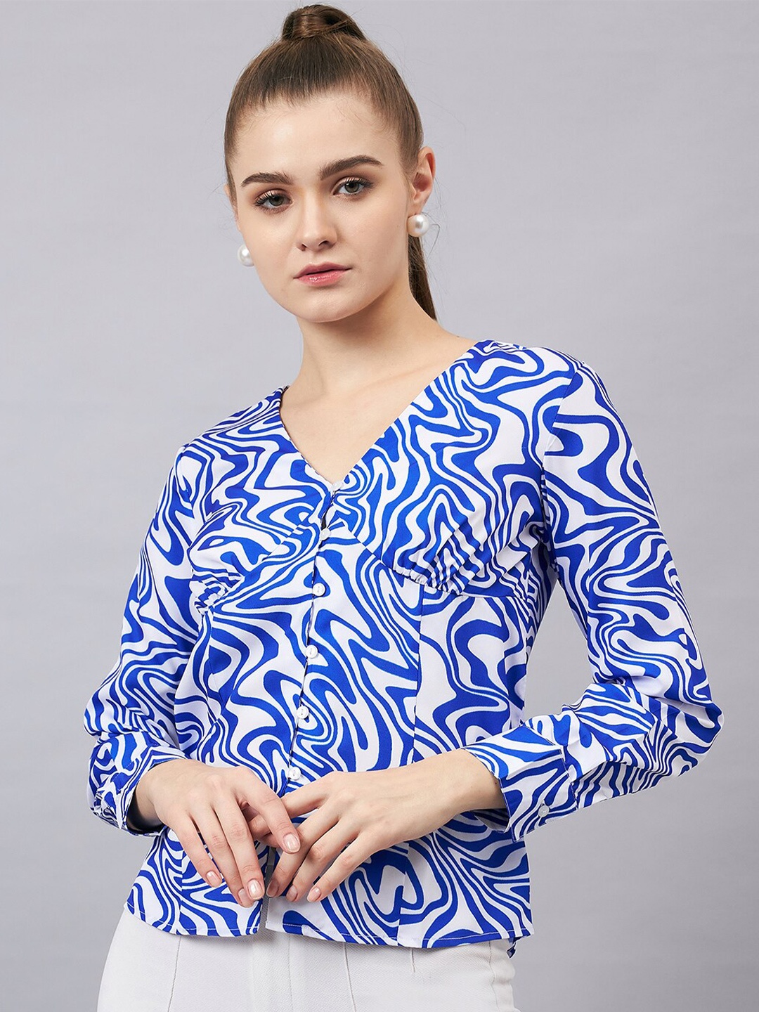 

Orchid Blues Abstract Printed V-Neck Top, Blue