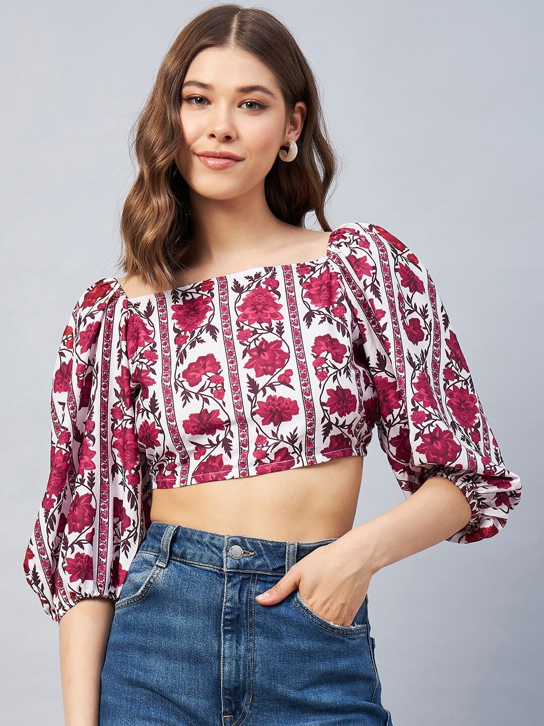 

Orchid Blues Floral Print Puff Sleeve Blouson Crop Top, Red