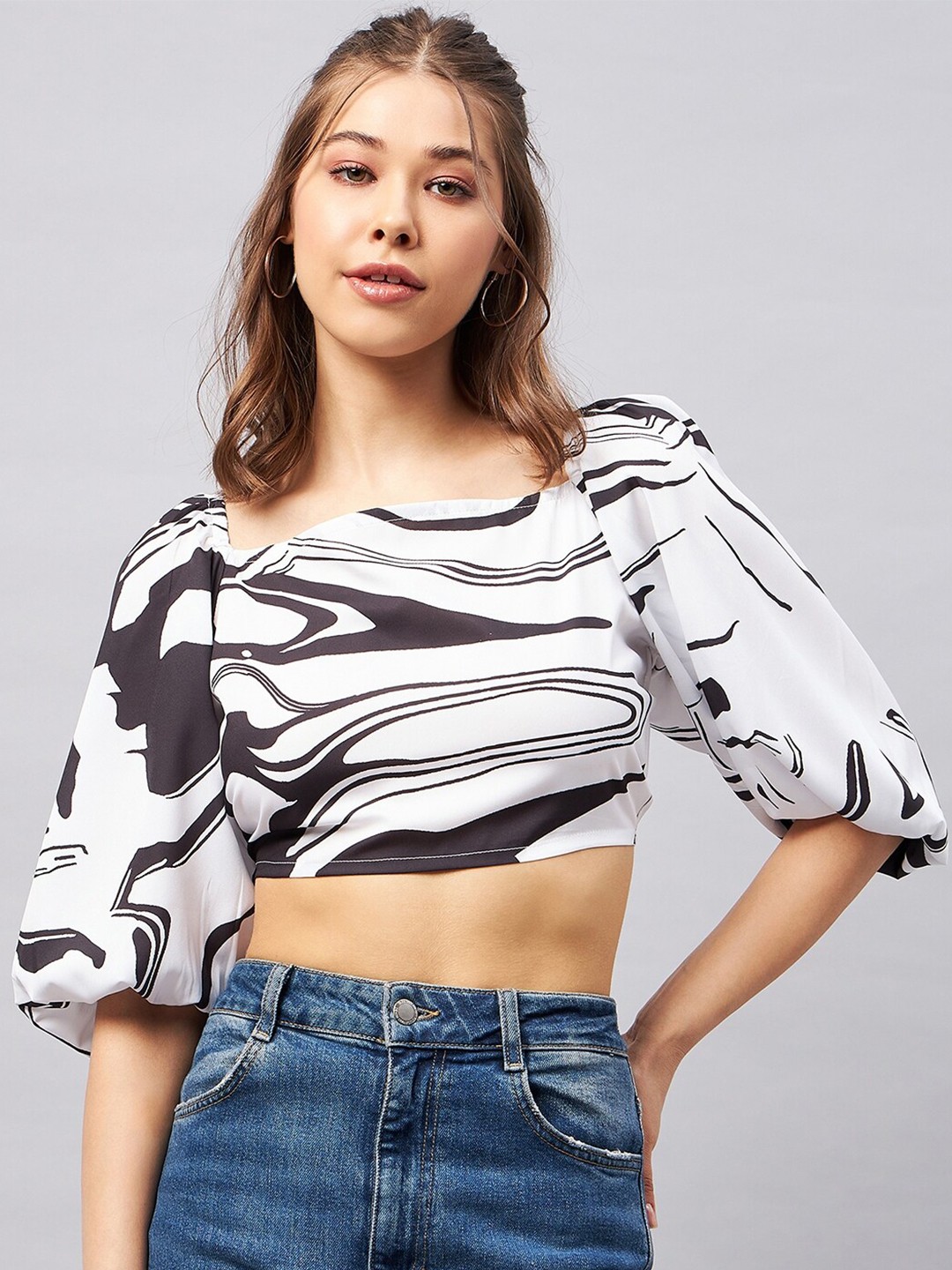 

Orchid Blues Striped Printed Square Neck Puff Sleeve Crop Top, White