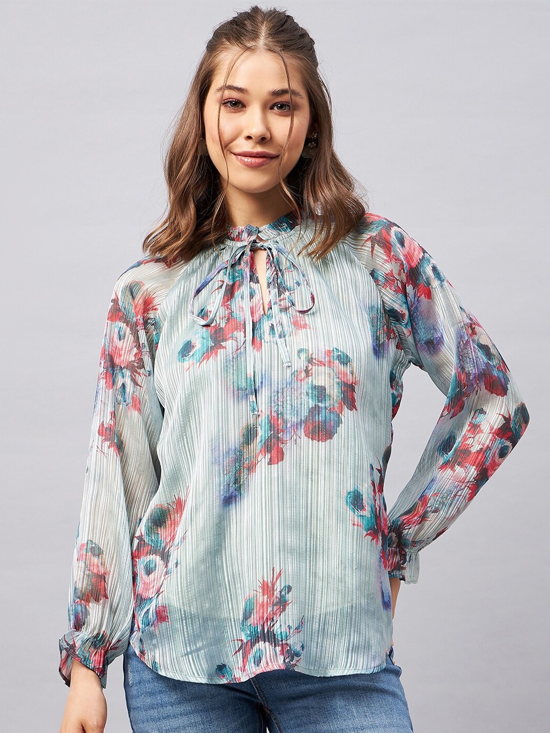 

Orchid Blues Floral Printed Tie Up Neck Puff Sleeves Top, Green