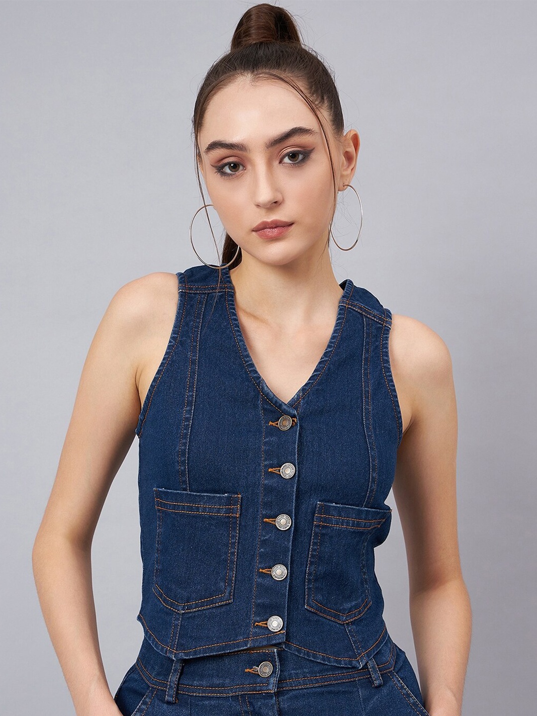 

Orchid Blues Cotton Denim Sleeveless Crop Top, Blue