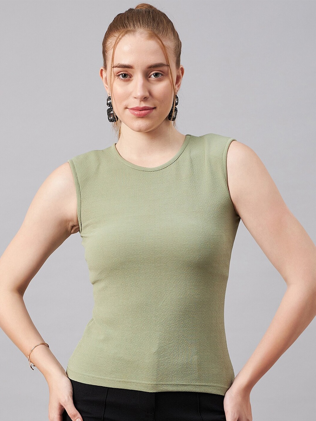 

Orchid Blues Round Neck Sleeveless Fitted Top, Green