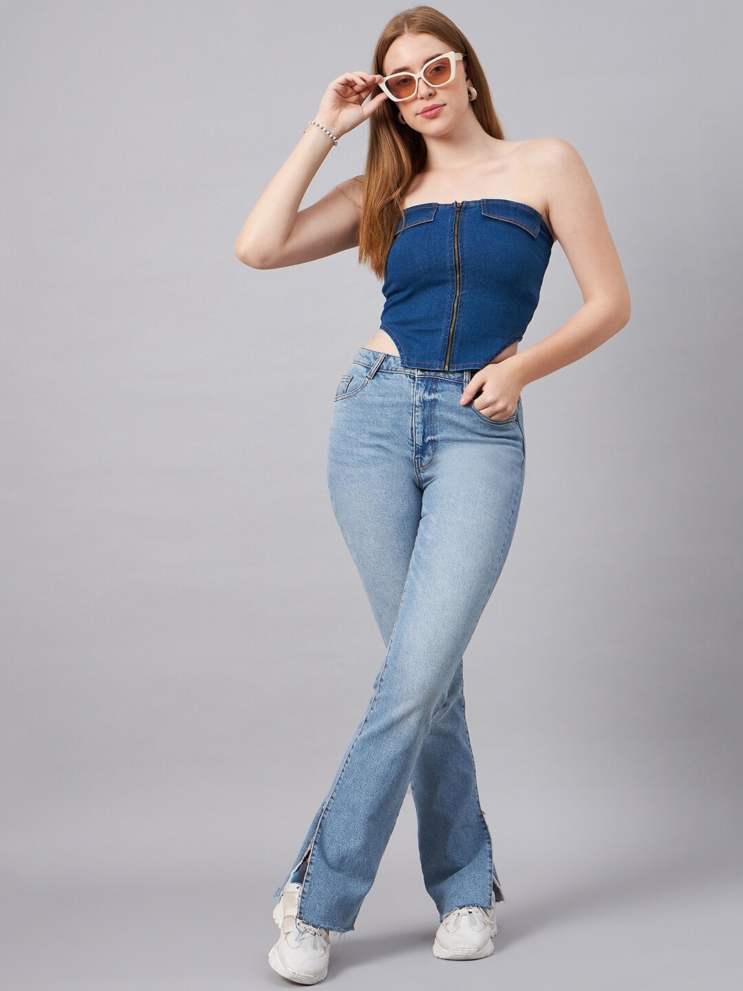 

Orchid Blues Strapless Cotton Crop Tube Denim Top, Blue