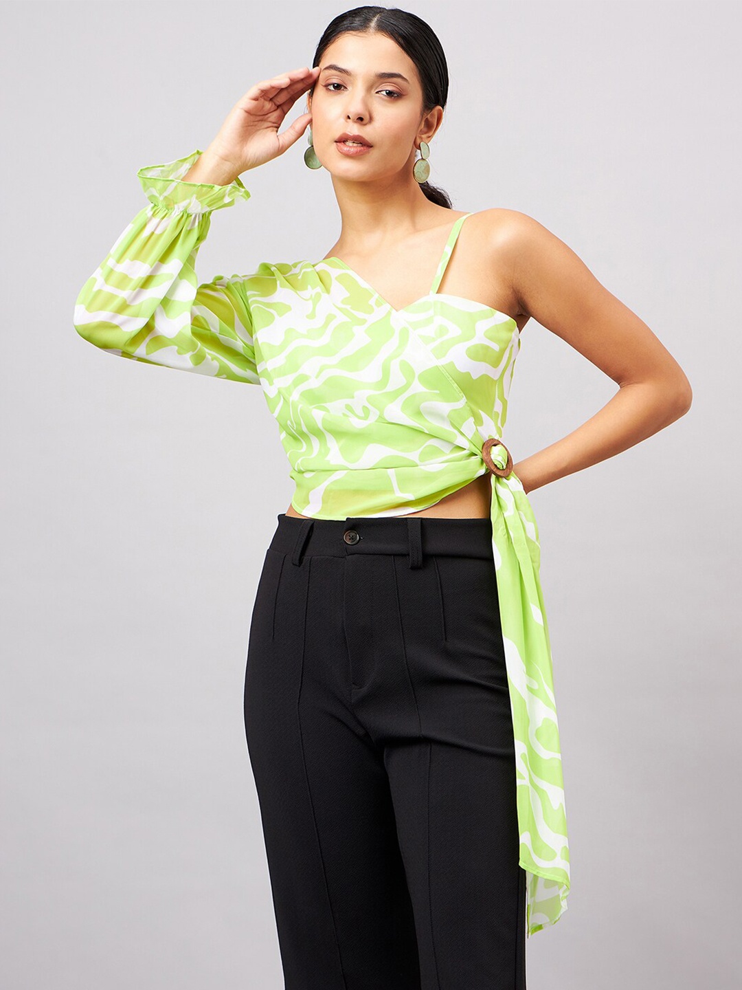 

Orchid Hues Abstract Printed V-Neck one shoulder Long Sleeves Cotton Top, Green