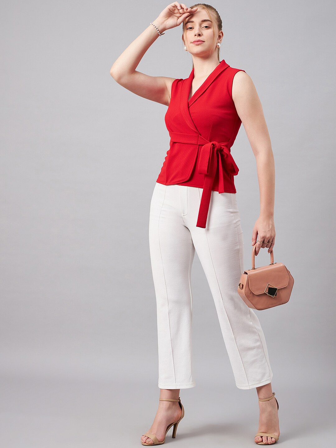 

Orchid Blues V-Neck Sleeveless Wrap Crop Top, Red