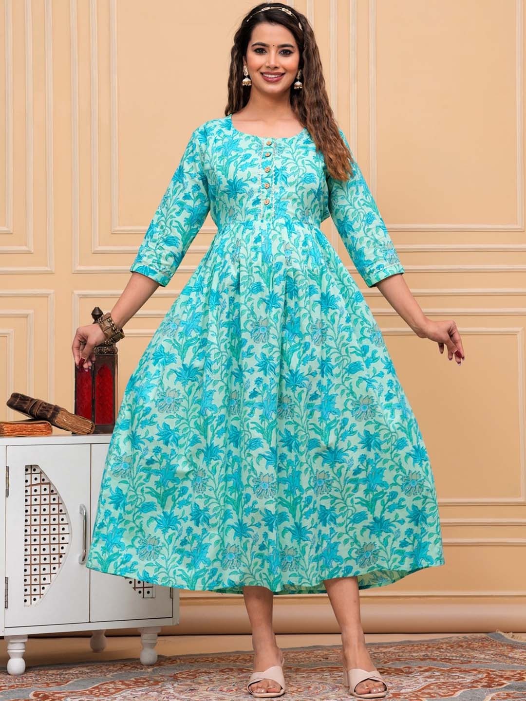 

JAIPURFAME Ethnic Motifs Print Cotton Maternity Fit & Flare Midi Dress, Turquoise blue