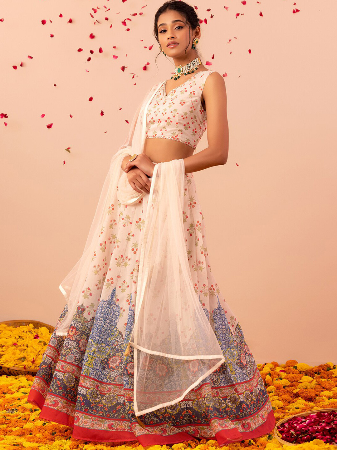 

Rang by Indya Printed Cotton Ready to Wear Lehenga & Blouse With Dupatta, White
