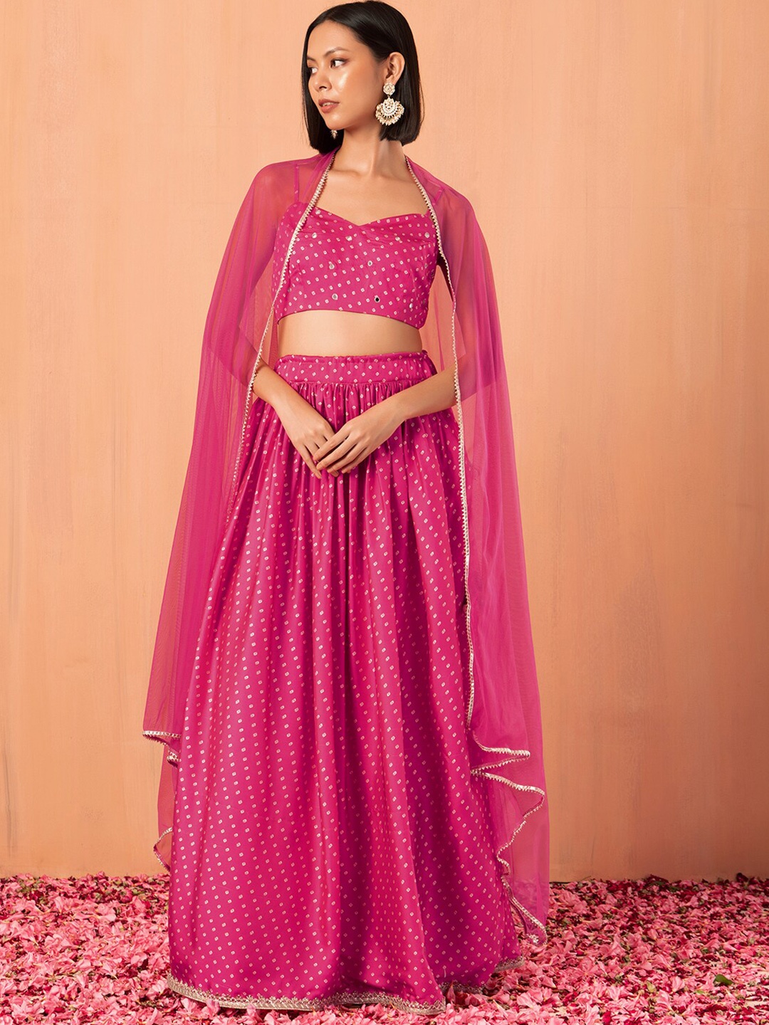 

Rang by Indya Printed Mirror Work Ready to Wear Lehenga & Blouse With Dupatta, Pink
