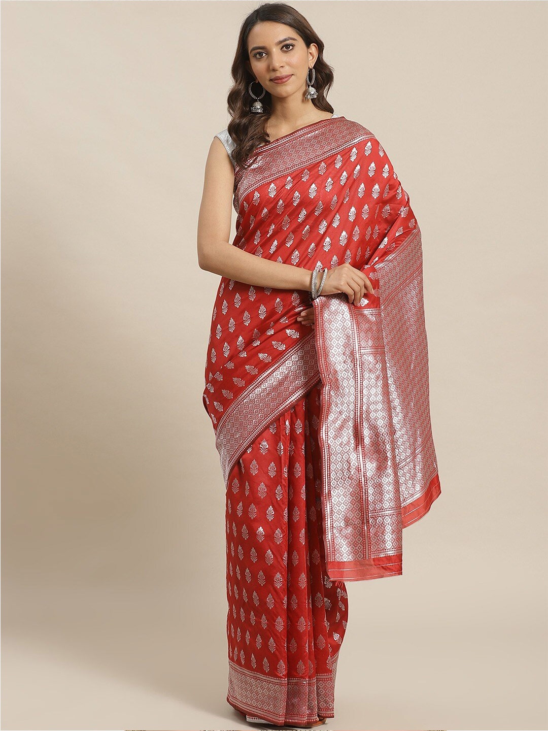 

HRITIKA Ethnic Motifs Woven Design Zari Saree, Red