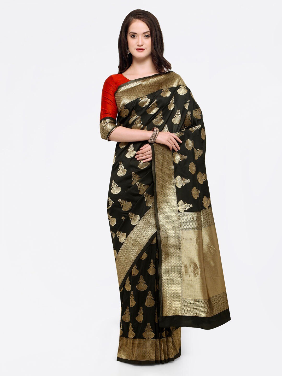 

HRITIKA Ethnic Motifs Woven Design Zari Saree, Black