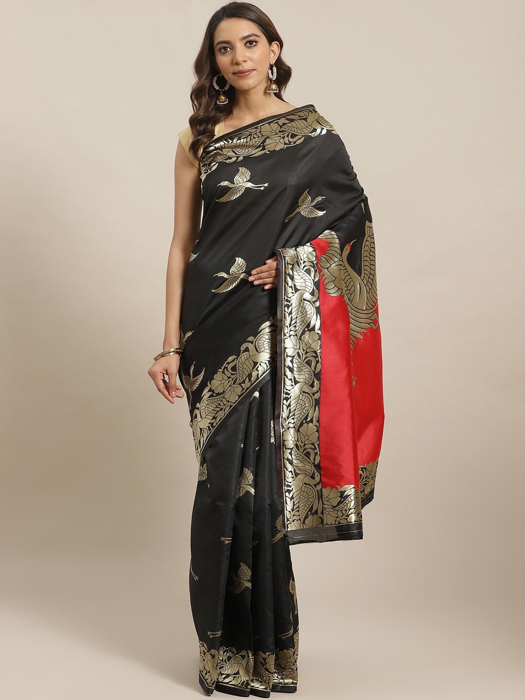 

HRITIKA Ethnic Motifs Woven Design Zari Saree, Black