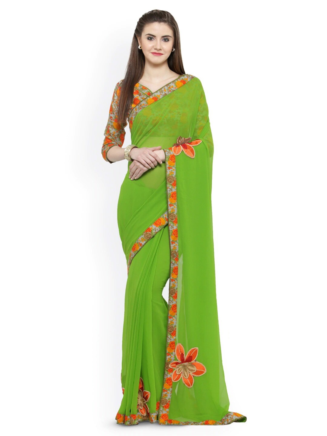 

HRITIKA Embroidered Pure Georgette Saree, Green