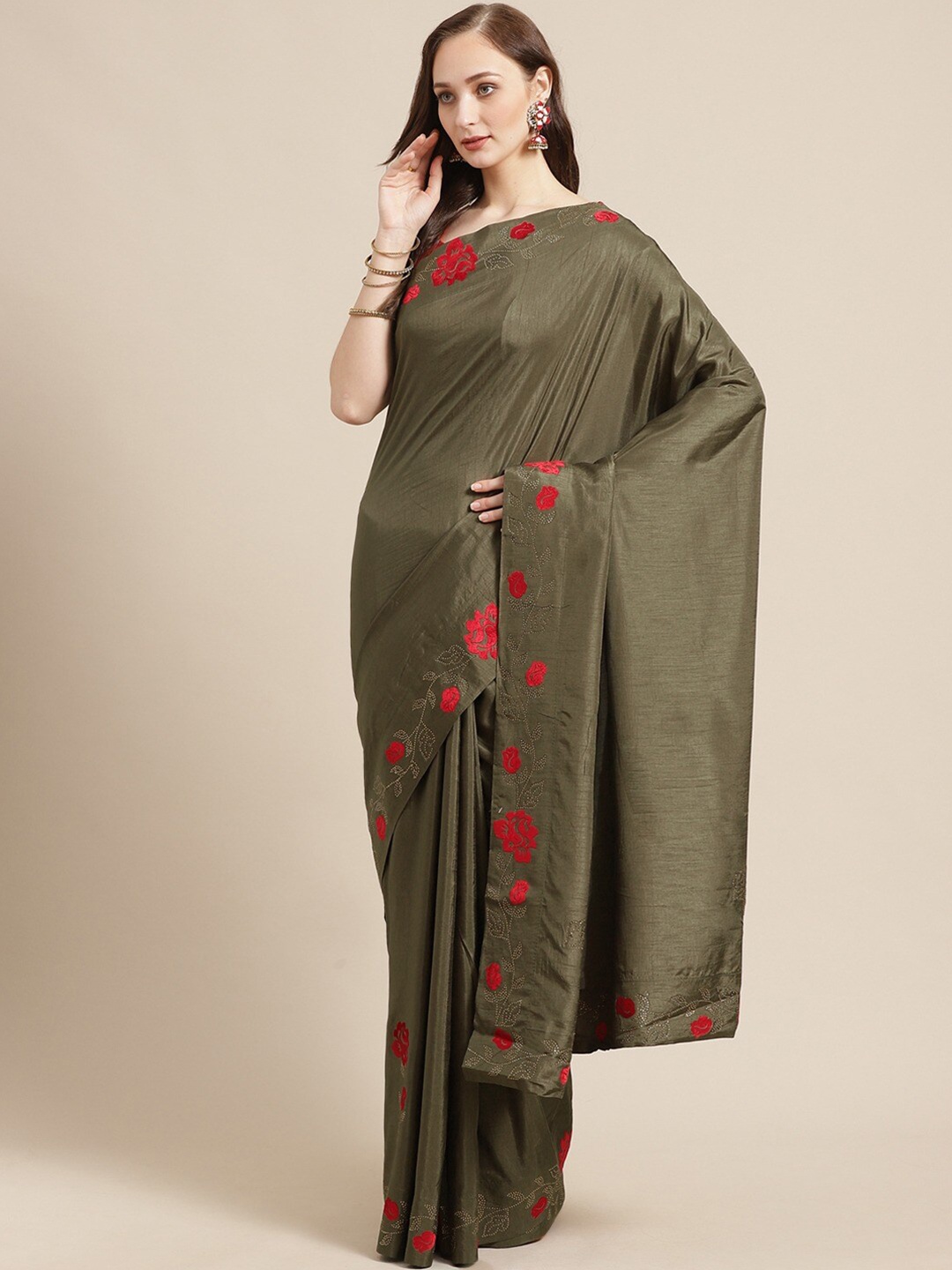 

HRITIKA Saree with Floral Embroidered Border, Olive