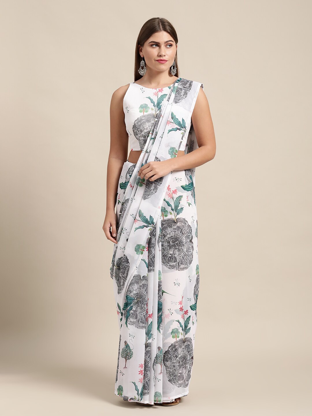 

HRITIKA Floral Printed Pure Georgette Saree, White