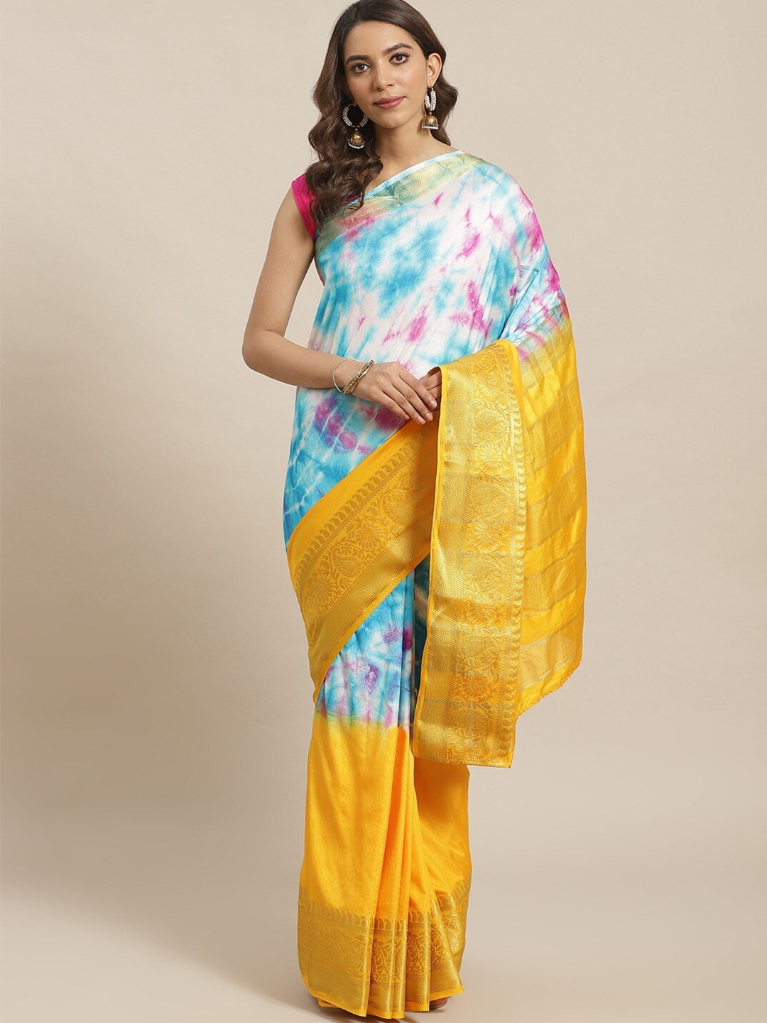 

HRITIKA Tie & Dye Dyed Zari Saree, Yellow