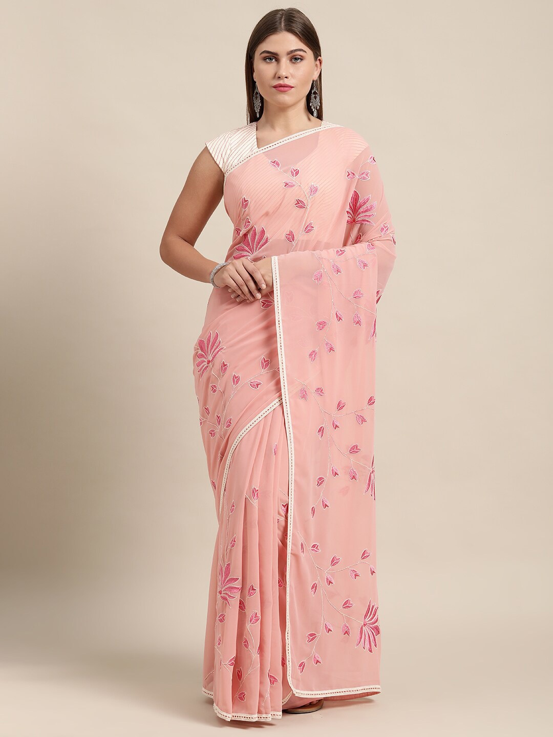 

HRITIKA Floral Embroidered Pure Georgette Saree, Pink