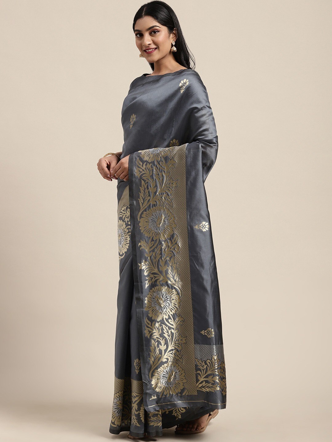 

HRITIKA Floral Woven Design Zari Saree, Grey