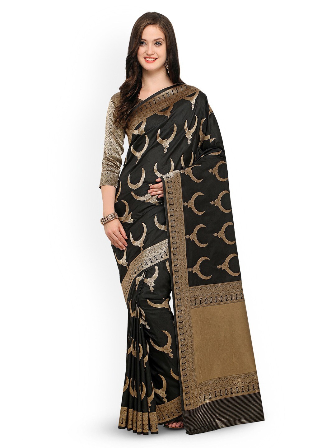 

HRITIKA Ethnic Motifs Zari Silk Blend Saree, Black