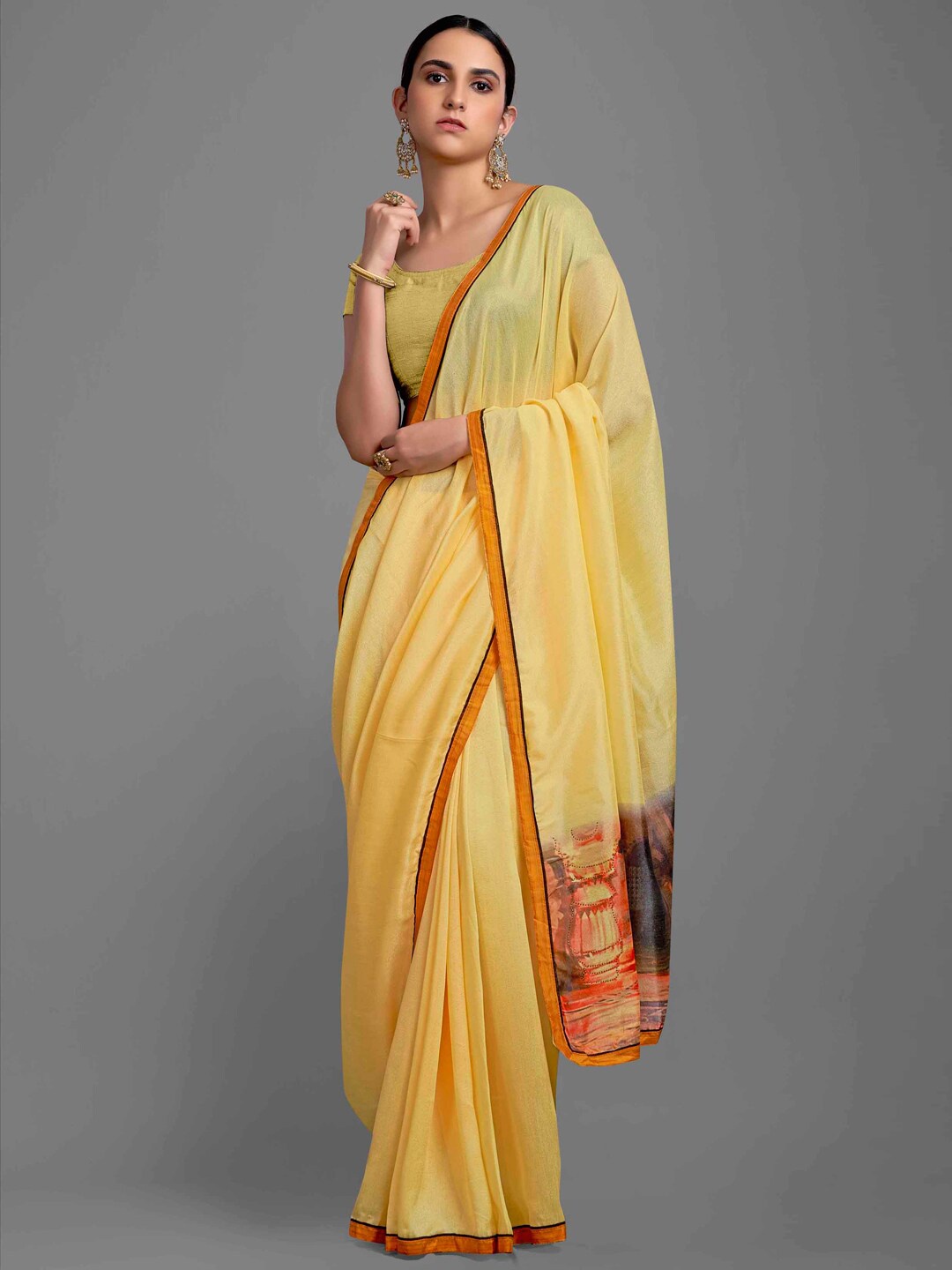 

HRITIKA Ethnic Motifs Printed Pure Georgette Saree, Yellow