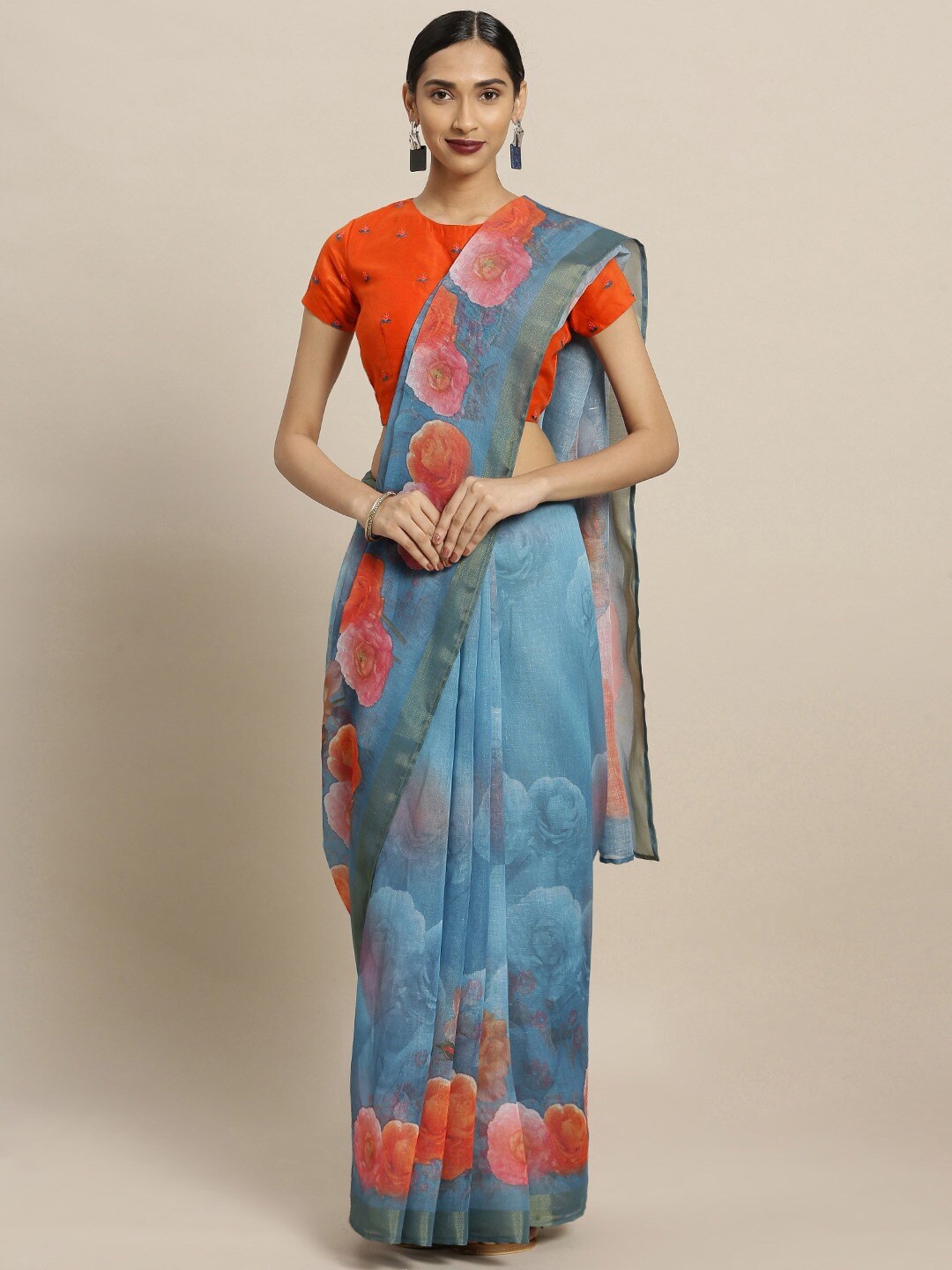 

HRITIKA Floral Printed Zari Pure Linen Saree, Blue