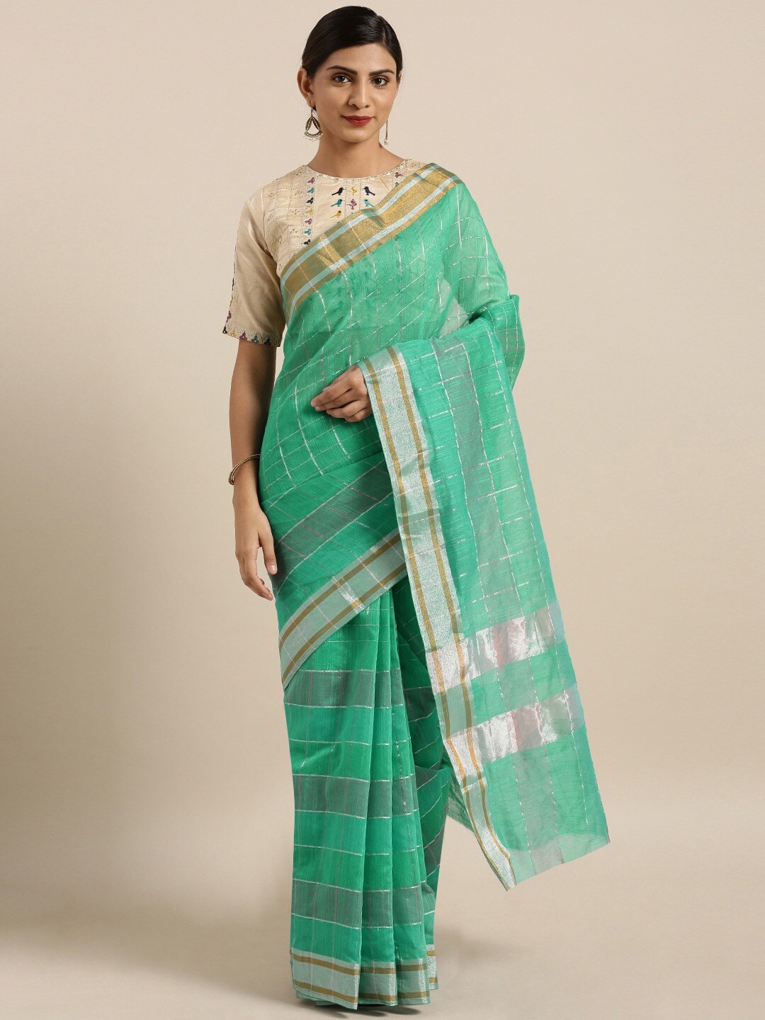 

HRITIKA Checked Woven Design Zari Saree, Green